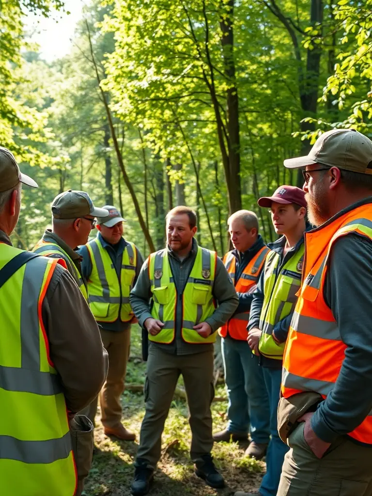 A photograph of members of RHEGINIA SOCIETE DE CHASSE D'ERQUY participating in a training session, learning about hunting safety and best practices. The image should convey a sense of professionalism and skill development.
