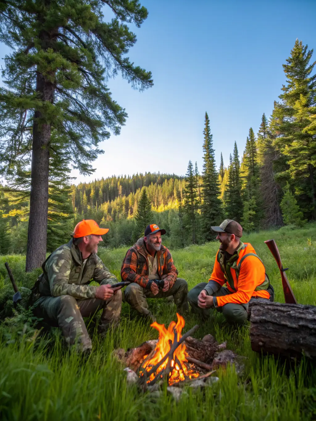 A photograph of members of RHEGINIA SOCIETE DE CHASSE D'ERQUY enjoying a hunting trip in the Erquy region. The image should convey a sense of camaraderie and appreciation for nature.