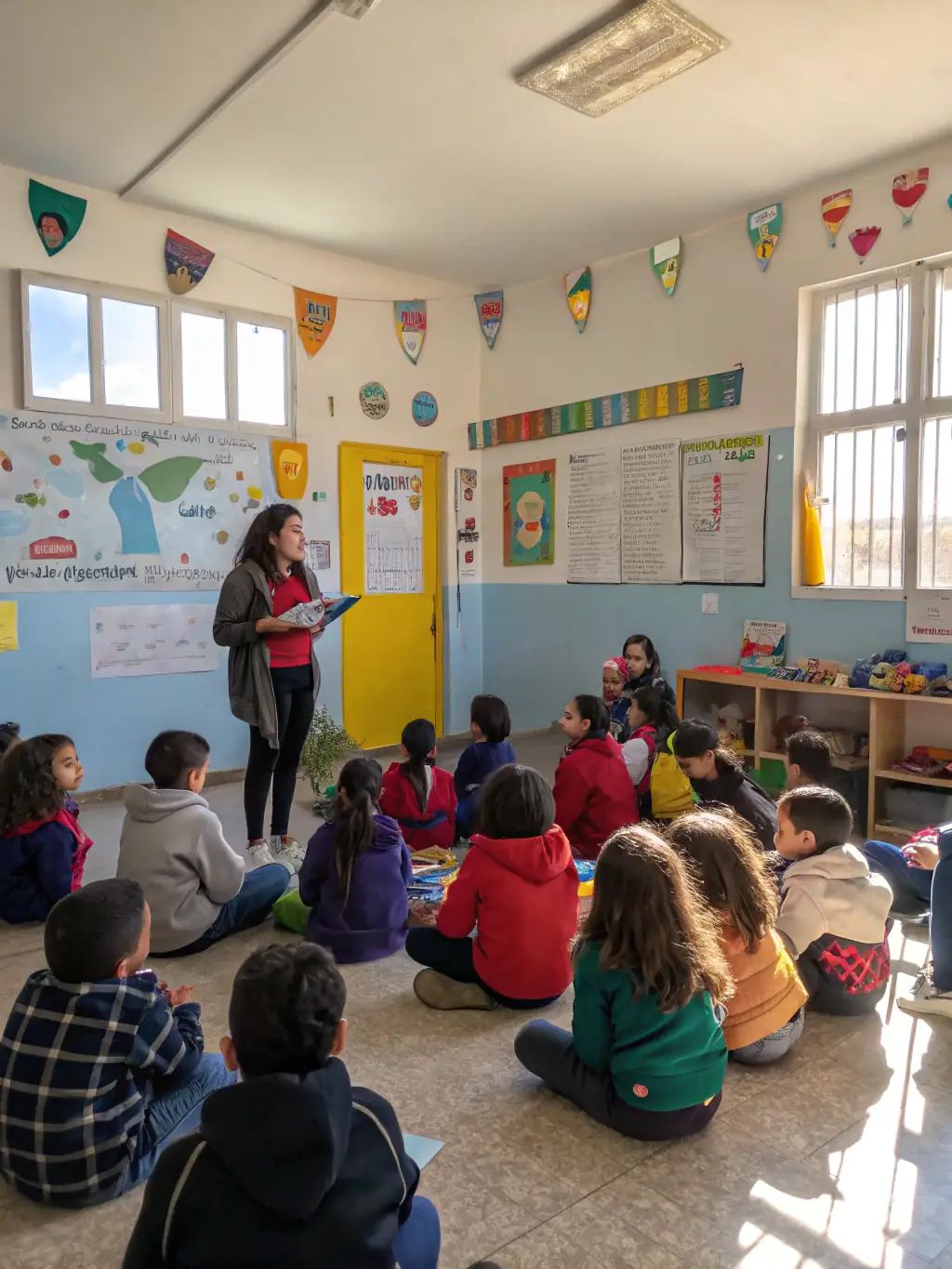 A picture of members collaborating on a community outreach program, teaching local children about wildlife and the importance of conservation in a classroom setting.
