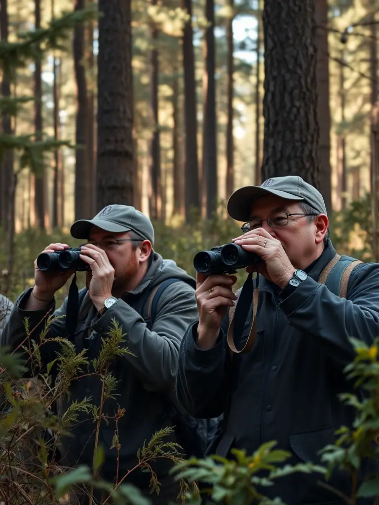 A photograph capturing a group of hunters participating in a wildlife monitoring activity, collecting data on local animal populations and their habitats in a serene landscape.