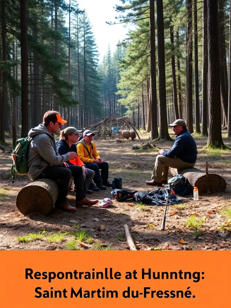A photograph depicting a group of members participating in a responsible hunting education workshop, focusing on wildlife conservation and ethical hunting practices in a natural setting.
