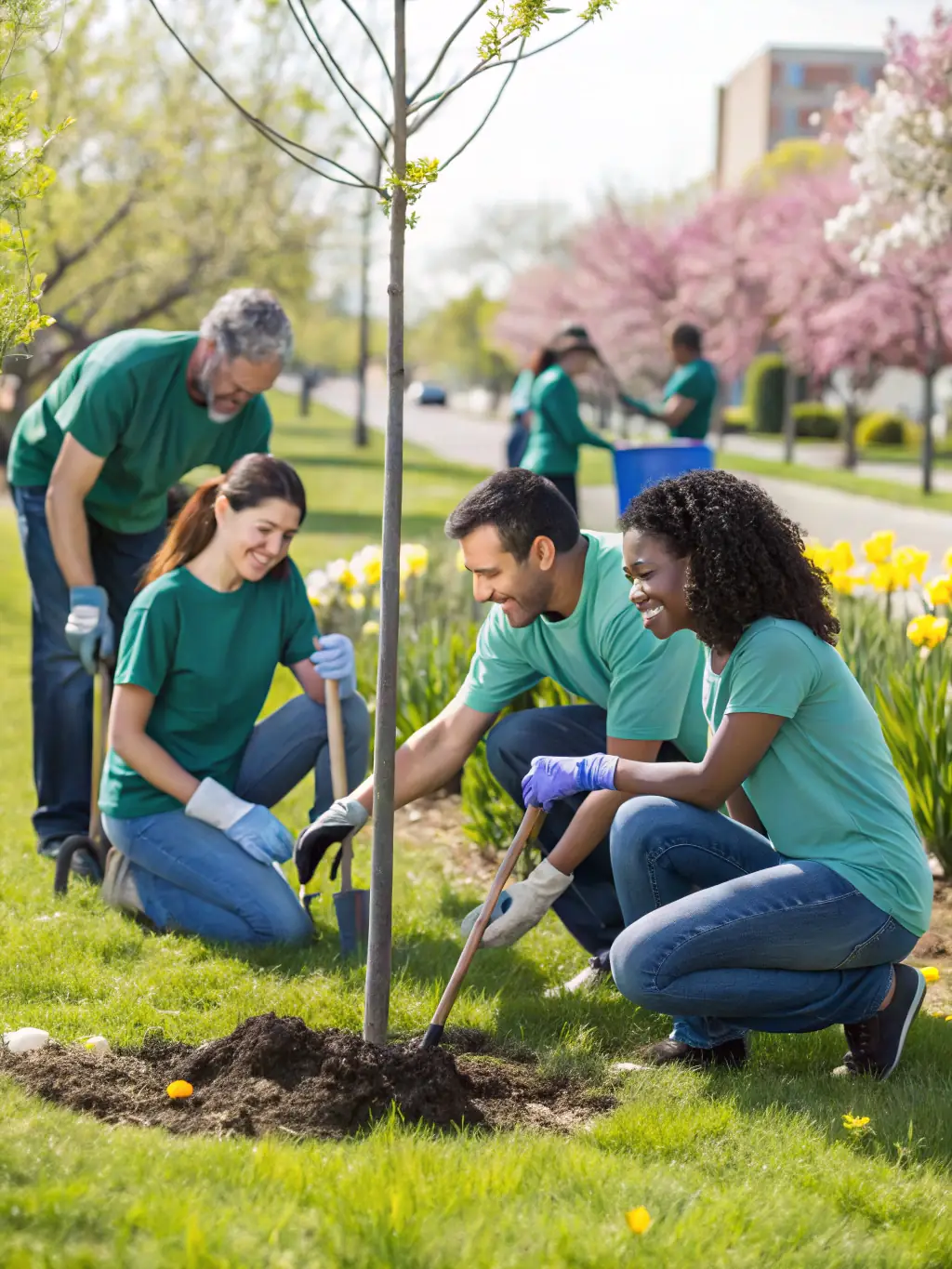 A photograph of members of RHEGINIA SOCIETE DE CHASSE D'ERQUY participating in a conservation project, planting trees in a local forest. The image should convey a sense of teamwork and environmental stewardship.